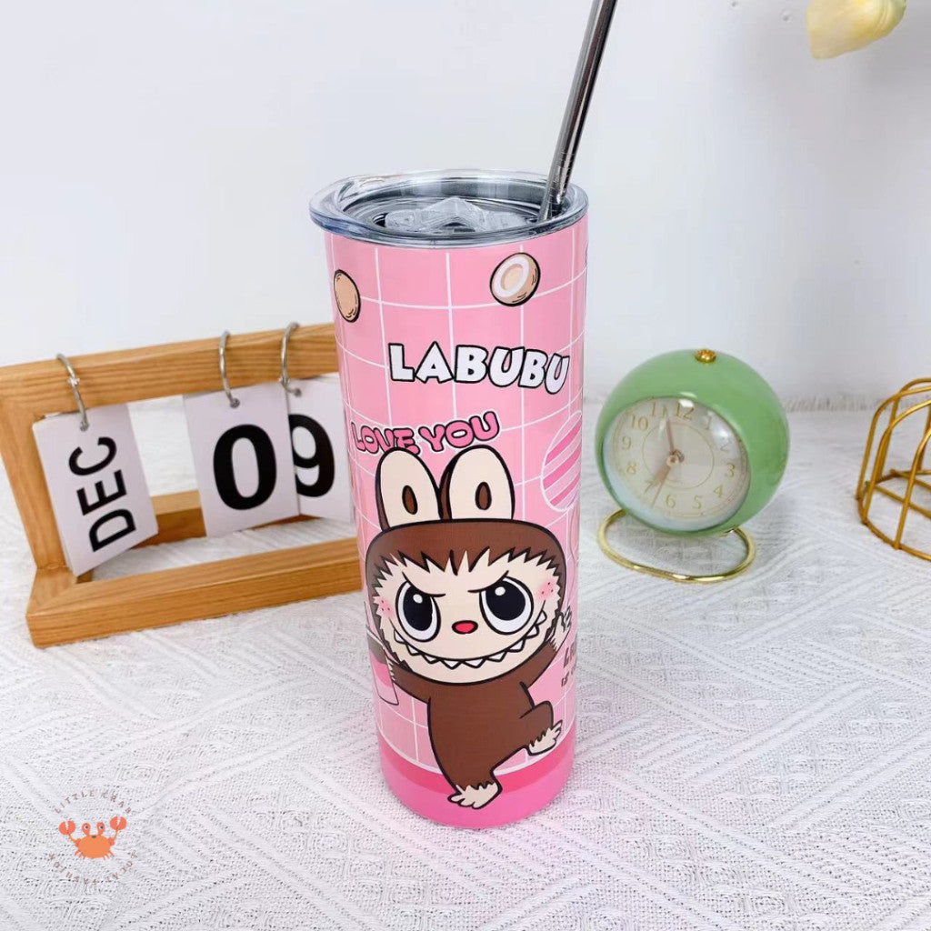 [littlecrab] Tumbler Labubu Termos Cafe Sedotan High Quality Stainless Steel Tahan Panas Dingin 600ml Botol Air Minum Tabung Tumblr Tutup Slide Transparan