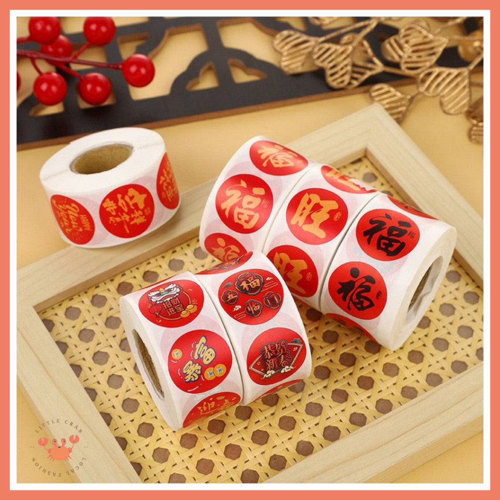 [littlecrab] Sticker Roll 500pcs Mini Fu  CNY Hok Merah Gold Tempelan Fuk Stiker Toples Buah Parcel