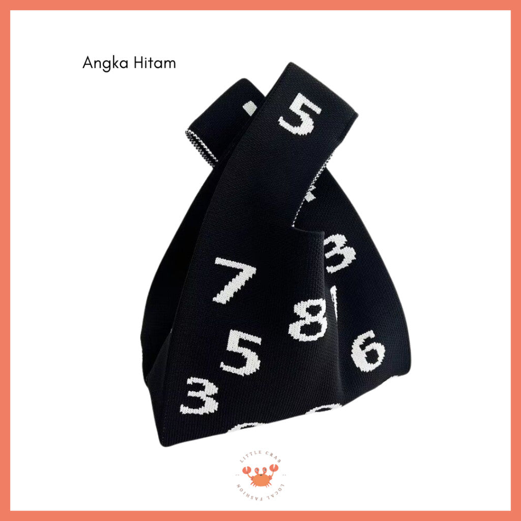 [littlecrab] Tas Rajut Buffalow Bangkok Motif Angka Hijau Ungu Hitam Irregular Knit Totebag Premium