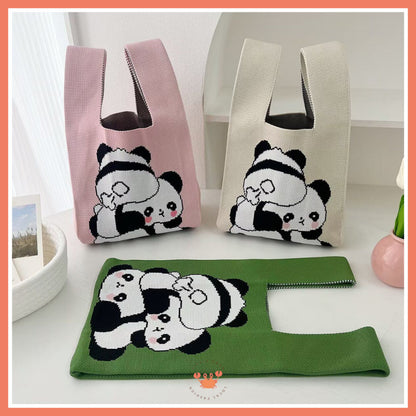 [littlecrab] Tas Rajut Motif Panda Kucing Warna Soft Pastel Lucu Unik Knit Bag Knot Mini Totebag