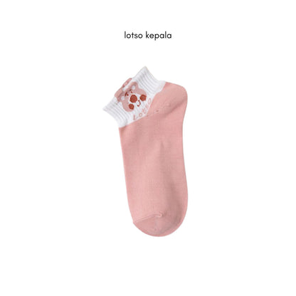 [littlecrab] Kaos Kaki Pendek Lotso Beruang Pink Unik Lucu Cute Short Socks White Full Pattern