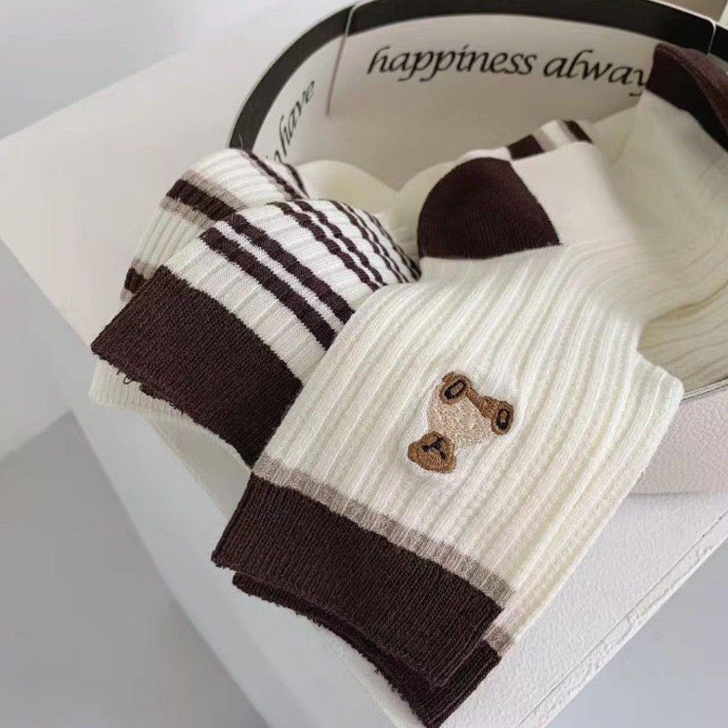 [littlecrab] Kaos Kaki Panjang Hitam Putih Cream Garis Horizontal Line Long Socks Black White Korean
