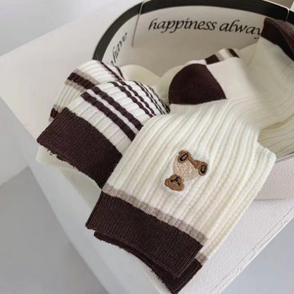 [littlecrab] Kaos Kaki Panjang Hitam Putih Cream Garis Horizontal Line Long Socks Black White Korean