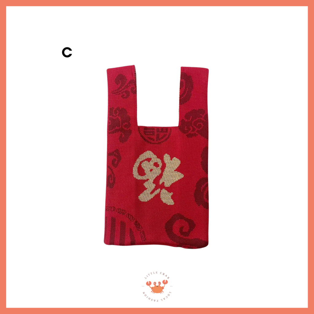 Tas Rajut Motif CNY Knit Bag Mini Tote Bag Knot Buffalow Merah Tempat Hampers Imlek Unik