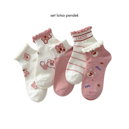 [littlecrab] Kaos Kaki Pendek Lotso Beruang Pink Unik Lucu Cute Short Socks White Full Pattern