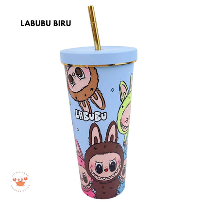 [littlecrab] Tumbler Labubu Termos Cafe Sedotan High Quality Stainless Steel Tahan Panas Dingin 750ml Botol Air Minum Tumblr