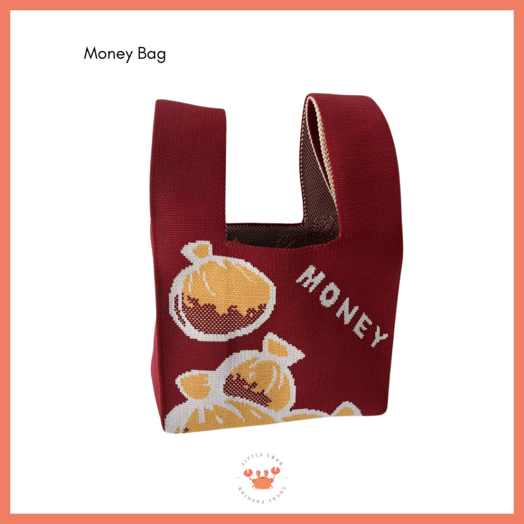 [bighuat] Tas Rajut Money Motif Uang Fa Cai Mahjong Knit Knot Bag Mini Totebag Bangkok Premium
