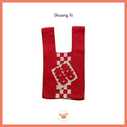 [littlecrab] Tas Rajut Shuang Xi Ji Xiang Ru Yi Merah Cream Knit Bag Mini Tote Bag Knot Buffalow Unik