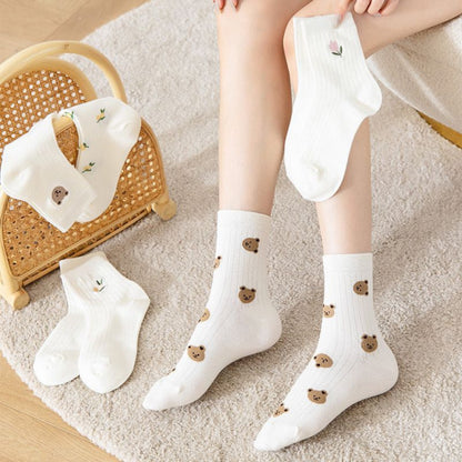 [littlecrab] Kaos Kaki Panjang Motif Cartoon Kawai Beruang Bunga Unik Lucu Long Socks White Korean