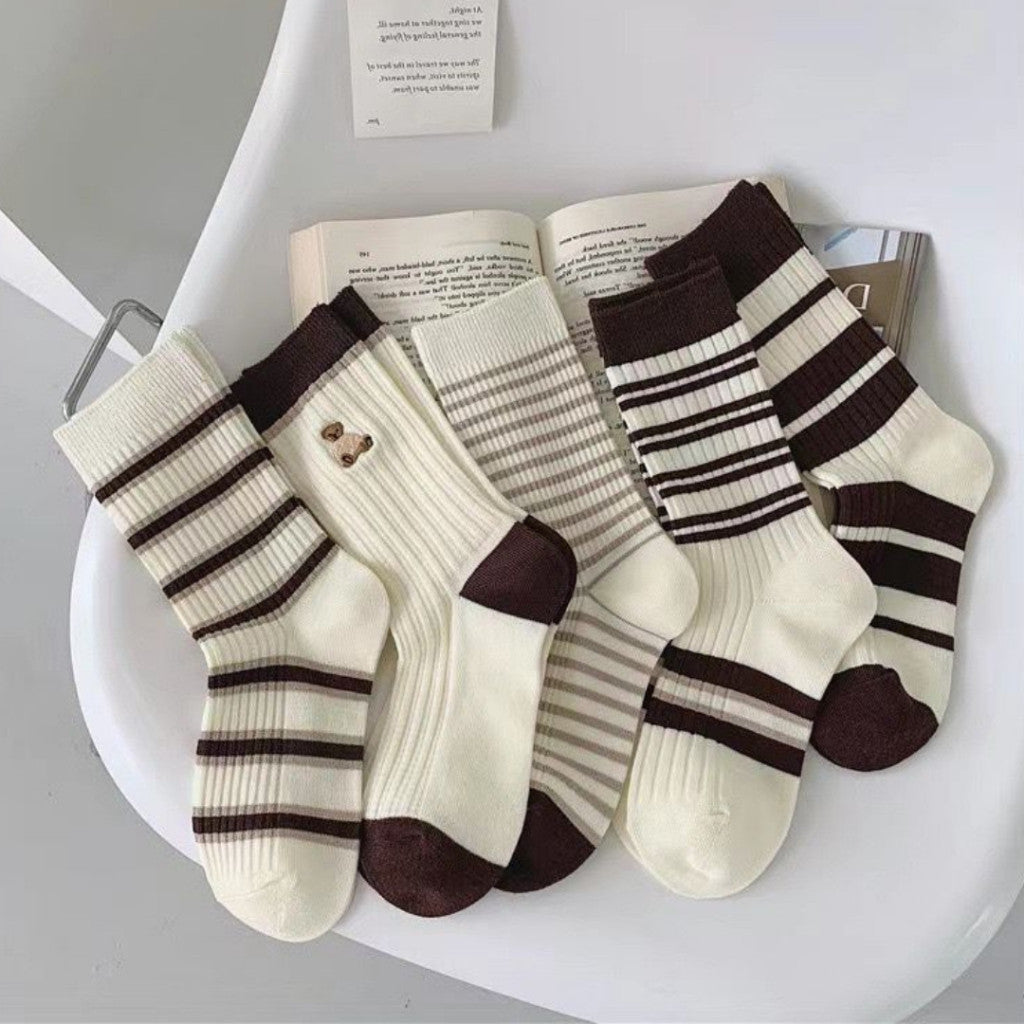 [littlecrab] Kaos Kaki Panjang Hitam Putih Cream Garis Horizontal Line Long Socks Black White Korean