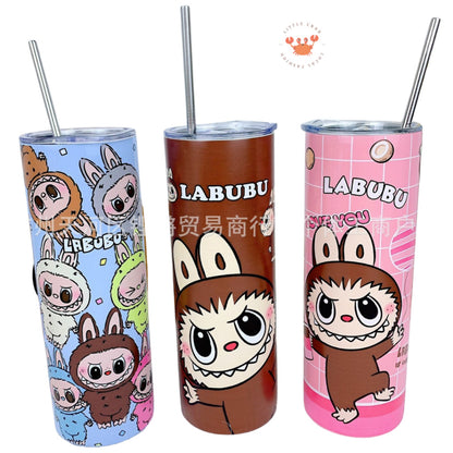 [littlecrab] Tumbler Labubu Termos Cafe Sedotan High Quality Stainless Steel Tahan Panas Dingin 600ml Botol Air Minum Tabung Tumblr Tutup Slide Transparan