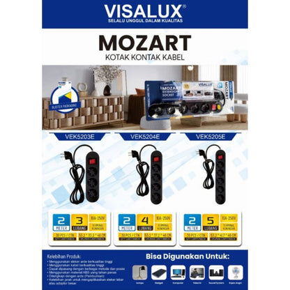Pekanbaru Stop Kontak / Cok Sambung Visalux Mozart 3 4 5 Lobang Saklar 2Meter Hitam / Mozart Extension Socket