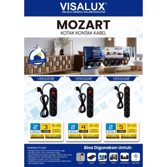Pekanbaru Stop Kontak / Cok Sambung Visalux Mozart 3 4 5 Lobang Saklar 2Meter Hitam / Mozart Extension Socket