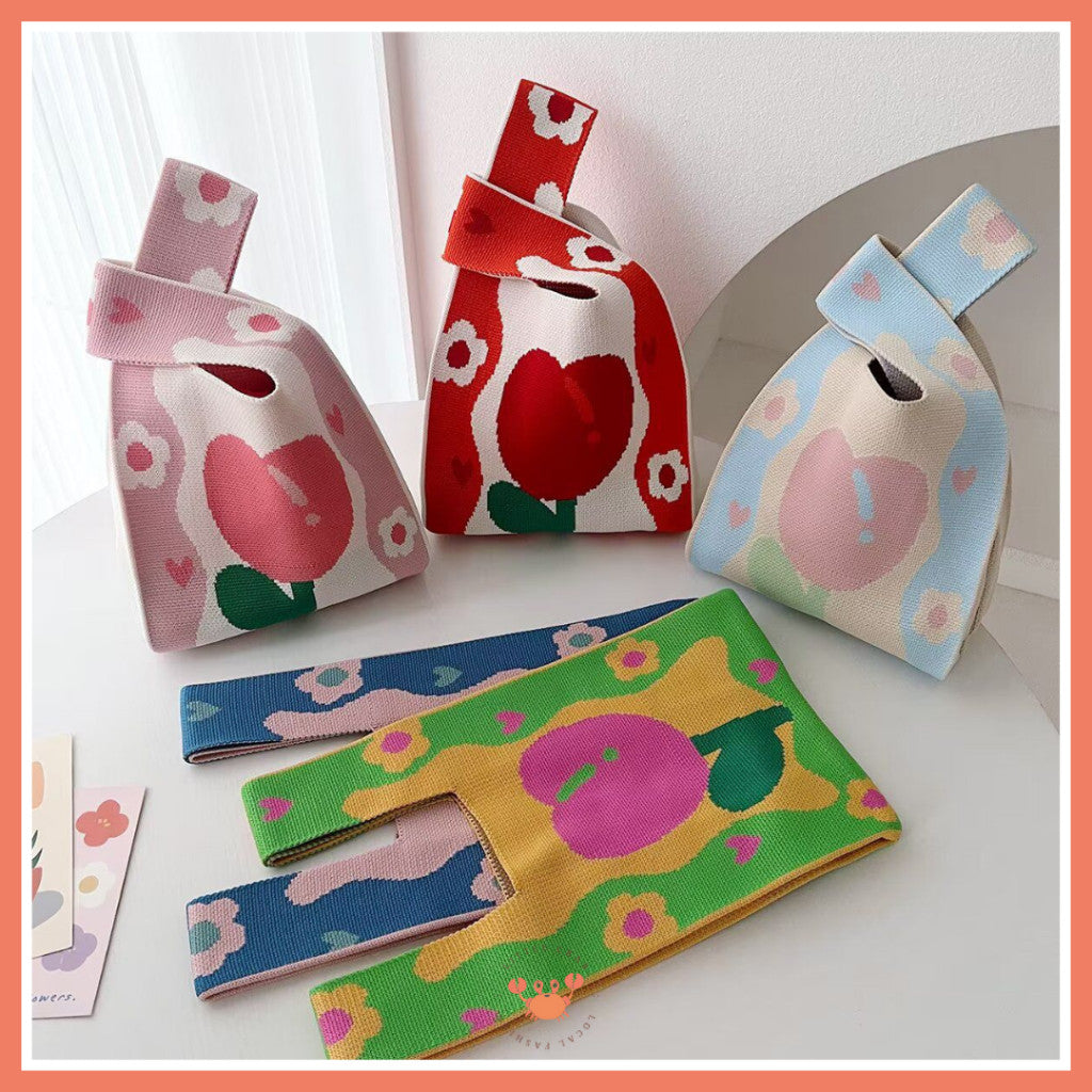 [littlecrab] Tas Rajut Motif Bunga Tulip Soft Color Aesthetic Cute Flower Knit Knot Bag Buffalow