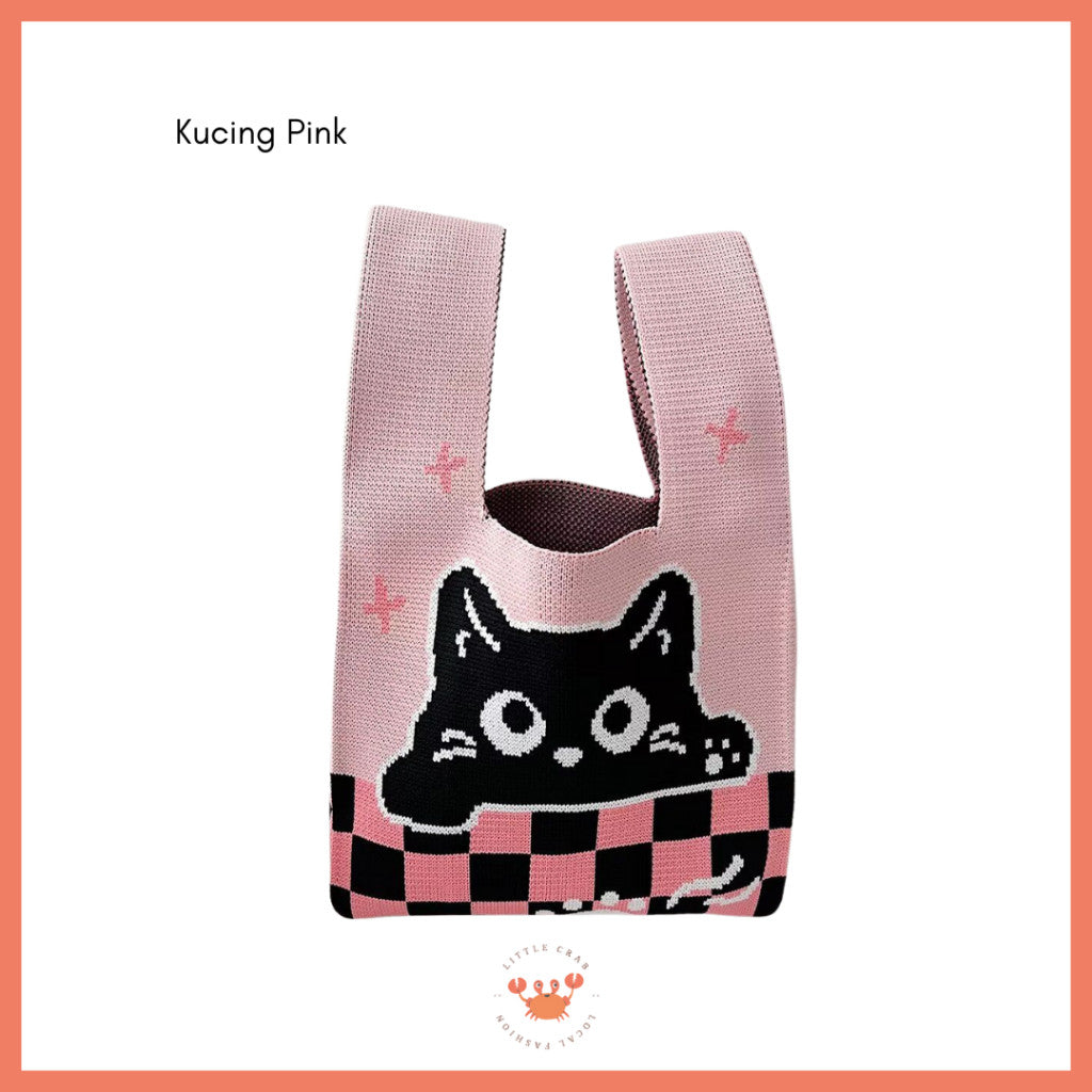 [littlecrab] Tas Rajut Motif Panda Kucing Warna Soft Pastel Lucu Unik Knit Bag Knot Mini Totebag