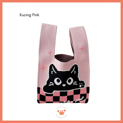 [littlecrab] Tas Rajut Motif Panda Kucing Warna Soft Pastel Lucu Unik Knit Bag Knot Mini Totebag