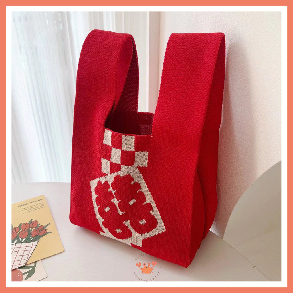 [littlecrab] Tas Rajut Shuang Xi Ji Xiang Ru Yi Merah Cream Knit Bag Mini Tote Bag Knot Buffalow Unik
