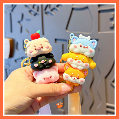 [littlecrab] Gantungan Kunci Motif Doggy Piggy Tumpuk Cute Keychain Gemoy Trio Aksesoris Aesthetic