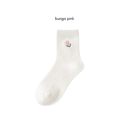 [littlecrab] Kaos Kaki Panjang Motif Cartoon Kawai Beruang Bunga Unik Lucu Long Socks White Korean