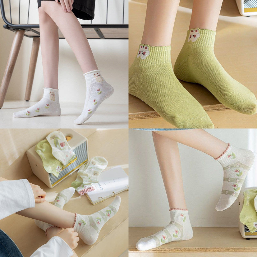 [littlecrab] Kaos Kaki Pendek Motif Flora Bunga Tulip Beruang Rabbit Short Socks Hijau Putih