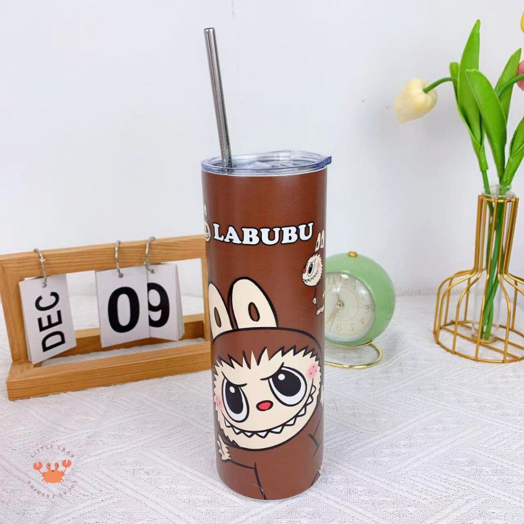 [littlecrab] Tumbler Labubu Termos Cafe Sedotan High Quality Stainless Steel Tahan Panas Dingin 600ml Botol Air Minum Tabung Tumblr Tutup Slide Transparan