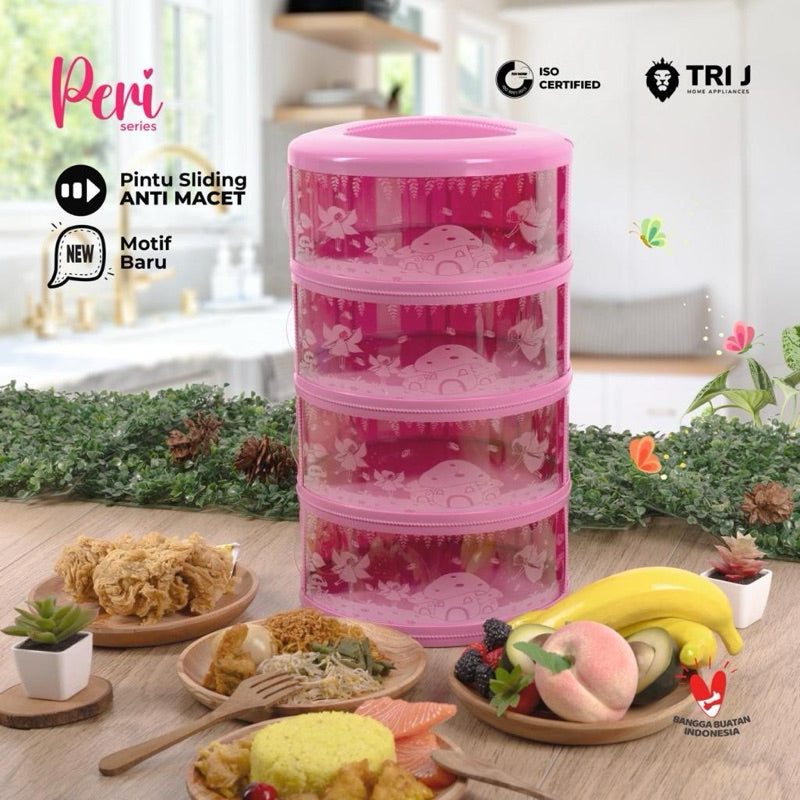 TRI J  Rak Penyimpanan Makanan 4 Susun Tudung Saji Tingkat Dengan Tutup Penutup Penyimpanan Makanan Plastik