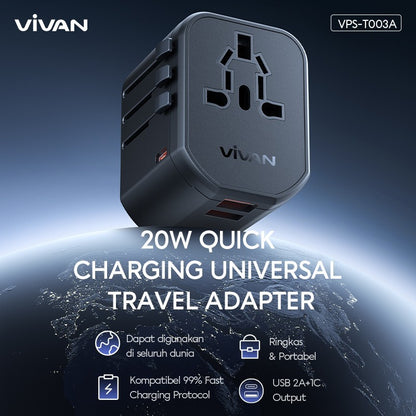 Pekanbaru Vivan Vps-T003A Universal Travel Adaptor 20W (Black / Pink / Green)
