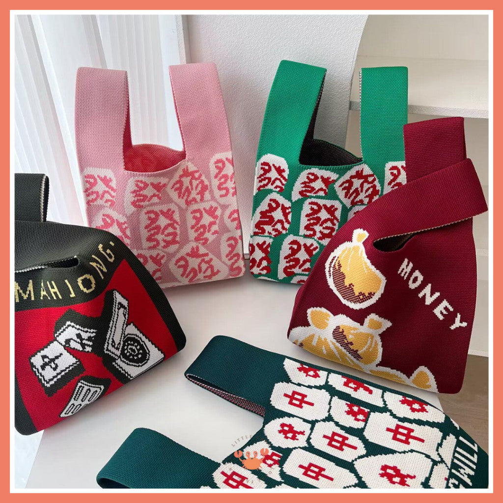 [bighuat] Tas Rajut Money Motif Uang Fa Cai Mahjong Knit Knot Bag Mini Totebag Bangkok Premium