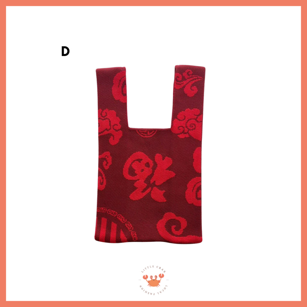 Tas Rajut Motif CNY Knit Bag Mini Tote Bag Knot Buffalow Merah Tempat Hampers Imlek Unik