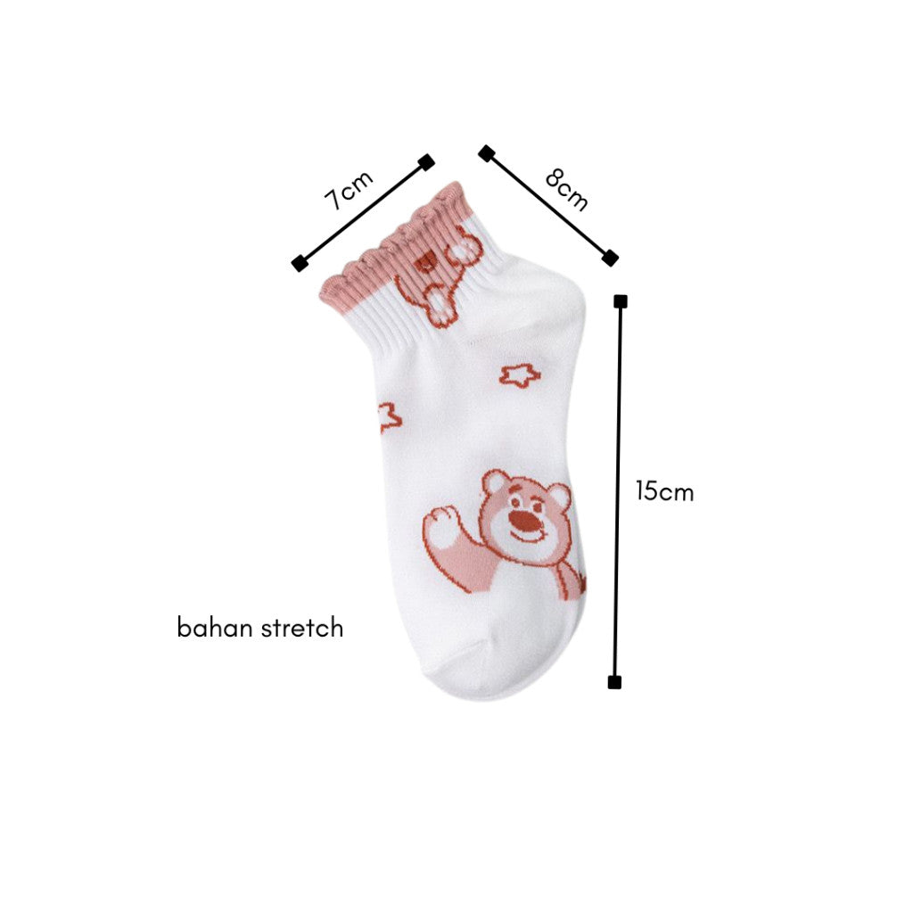 [littlecrab] Kaos Kaki Pendek Lotso Beruang Pink Unik Lucu Cute Short Socks White Full Pattern