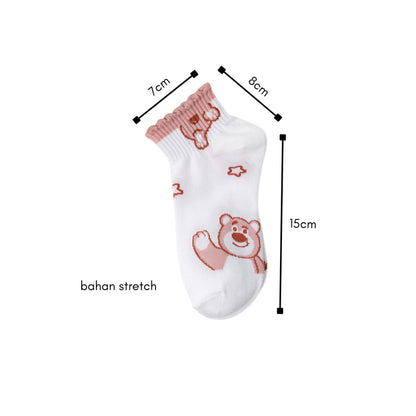 [littlecrab] Kaos Kaki Pendek Lotso Beruang Pink Unik Lucu Cute Short Socks White Full Pattern