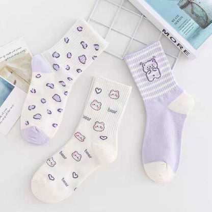 [littlecrab] Kaos Kaki Panjang Lilac Beruang Ungu Putih Unik Lucu Berkualitas Long Socks Aesthetic