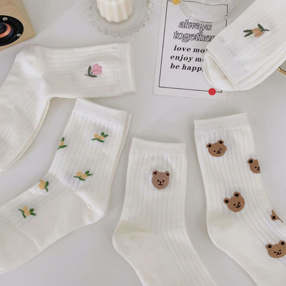[littlecrab] Kaos Kaki Panjang Motif Cartoon Kawai Beruang Bunga Unik Lucu Long Socks White Korean