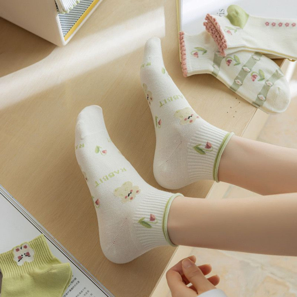 [littlecrab] Kaos Kaki Pendek Motif Flora Bunga Tulip Beruang Rabbit Short Socks Hijau Putih