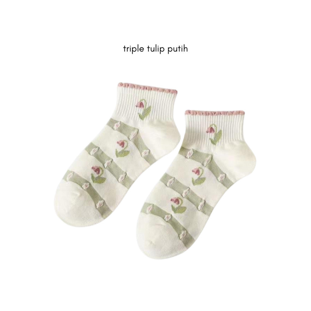 [littlecrab] Kaos Kaki Pendek Motif Flora Bunga Tulip Beruang Rabbit Short Socks Hijau Putih