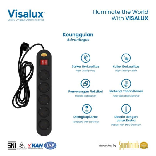 Pekanbaru Stop Kontak / Cok Sambung Visalux Mozart 3 4 5 Lobang Saklar 2Meter Hitam / Mozart Extension Socket