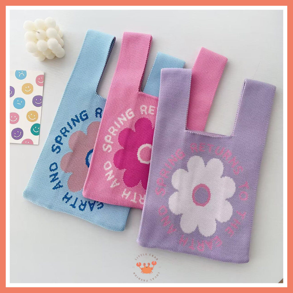 [littlecrab] Tas Rajut Bangkok Motif Bunga Flower Knit Bag Knot Mini Totebag Buffalow Unik Kanvas
