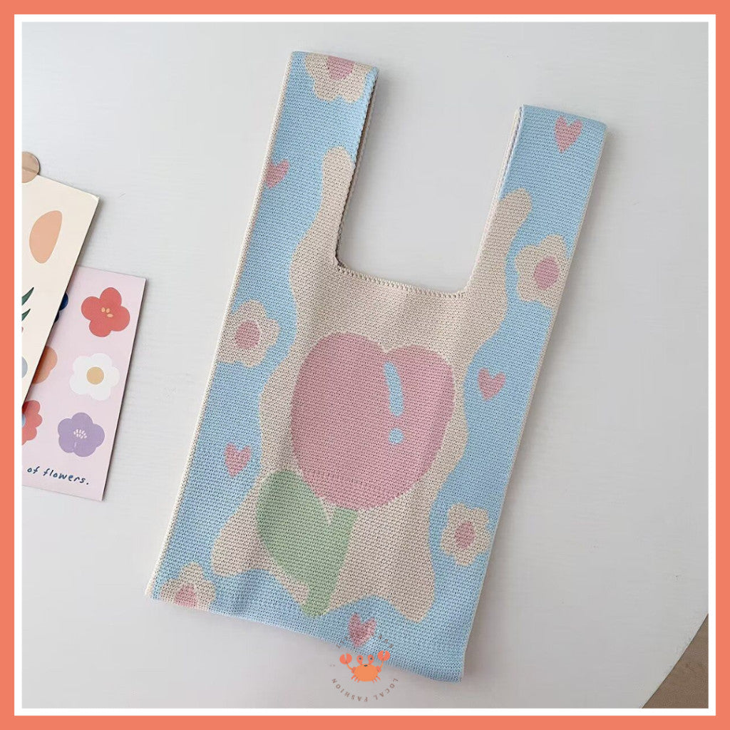 [littlecrab] Tas Rajut Motif Bunga Tulip Soft Color Aesthetic Cute Flower Knit Knot Bag Buffalow