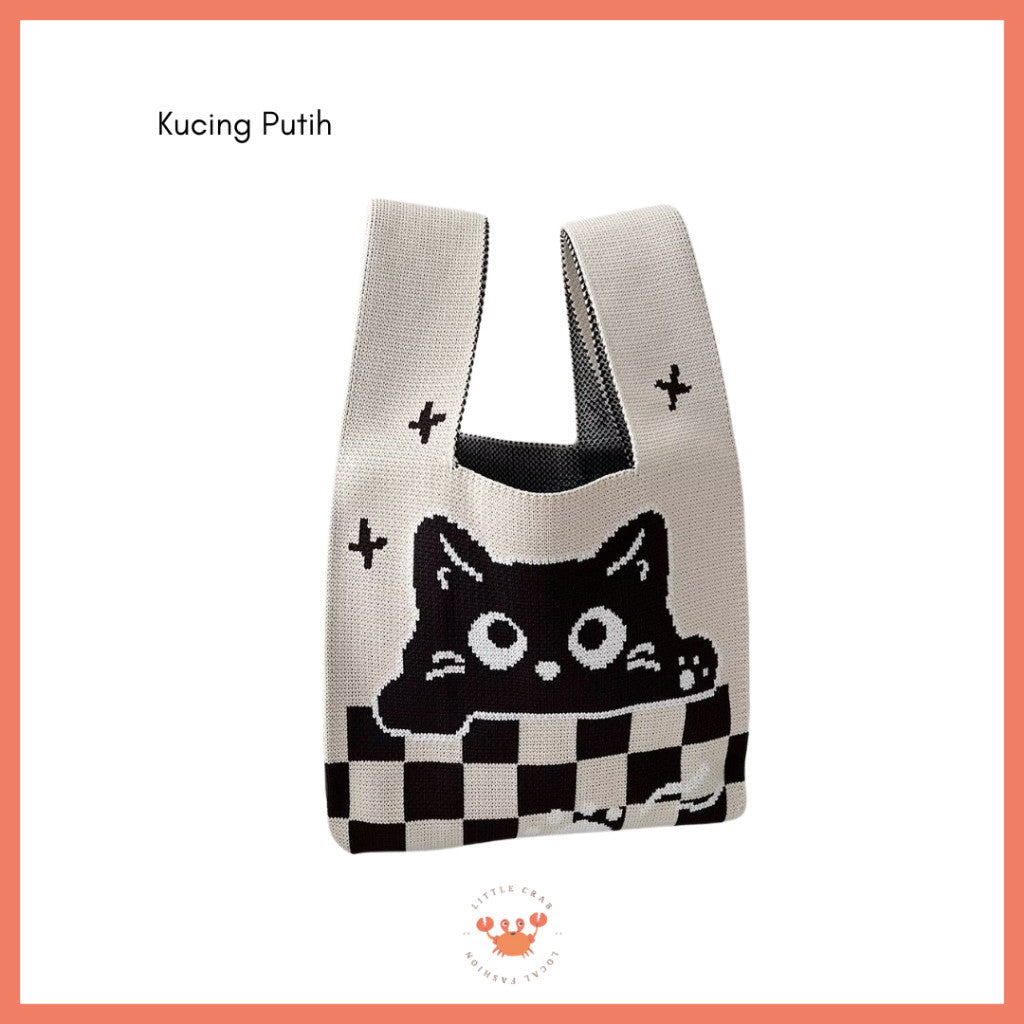 [littlecrab] Tas Rajut Motif Panda Kucing Warna Soft Pastel Lucu Unik Knit Bag Knot Mini Totebag