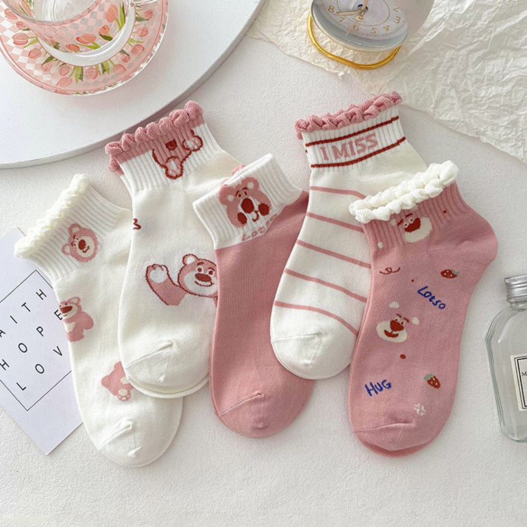 [littlecrab] Kaos Kaki Pendek Lotso Beruang Pink Unik Lucu Cute Short Socks White Full Pattern