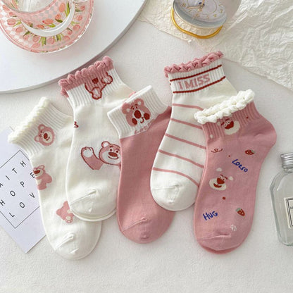 [littlecrab] Kaos Kaki Pendek Lotso Beruang Pink Unik Lucu Cute Short Socks White Full Pattern