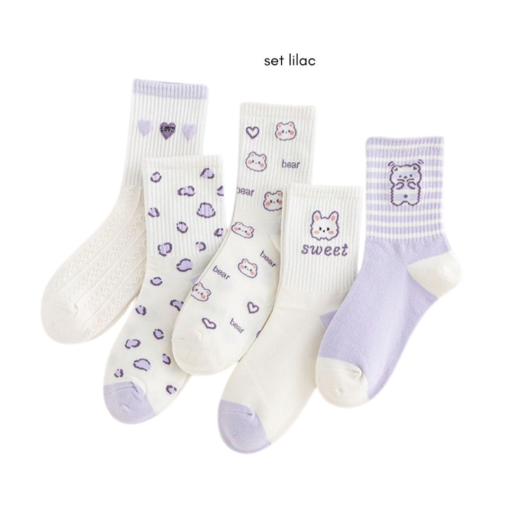 [littlecrab] Kaos Kaki Panjang Lilac Beruang Ungu Putih Unik Lucu Berkualitas Long Socks Aesthetic