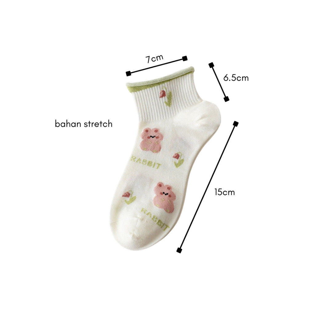 [littlecrab] Kaos Kaki Pendek Motif Flora Bunga Tulip Beruang Rabbit Short Socks Hijau Putih