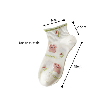 [littlecrab] Kaos Kaki Pendek Motif Flora Bunga Tulip Beruang Rabbit Short Socks Hijau Putih