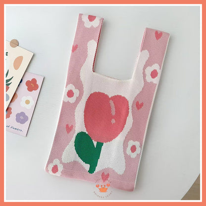 [littlecrab] Tas Rajut Motif Bunga Tulip Soft Color Aesthetic Cute Flower Knit Knot Bag Buffalow