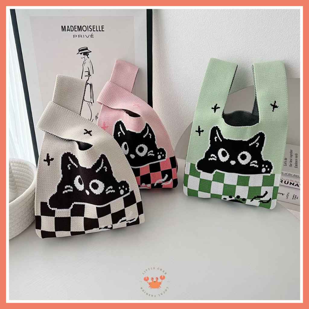 [littlecrab] Tas Rajut Motif Panda Kucing Warna Soft Pastel Lucu Unik Knit Bag Knot Mini Totebag