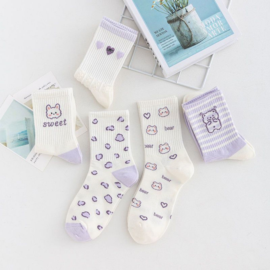 [littlecrab] Kaos Kaki Panjang Lilac Beruang Ungu Putih Unik Lucu Berkualitas Long Socks Aesthetic
