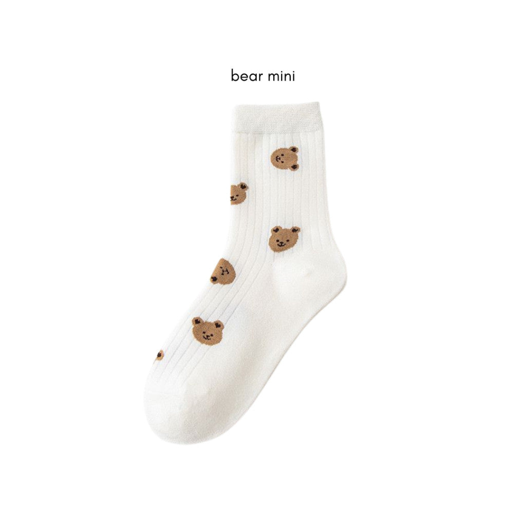 [littlecrab] Kaos Kaki Panjang Motif Cartoon Kawai Beruang Bunga Unik Lucu Long Socks White Korean