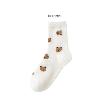 [littlecrab] Kaos Kaki Panjang Motif Cartoon Kawai Beruang Bunga Unik Lucu Long Socks White Korean