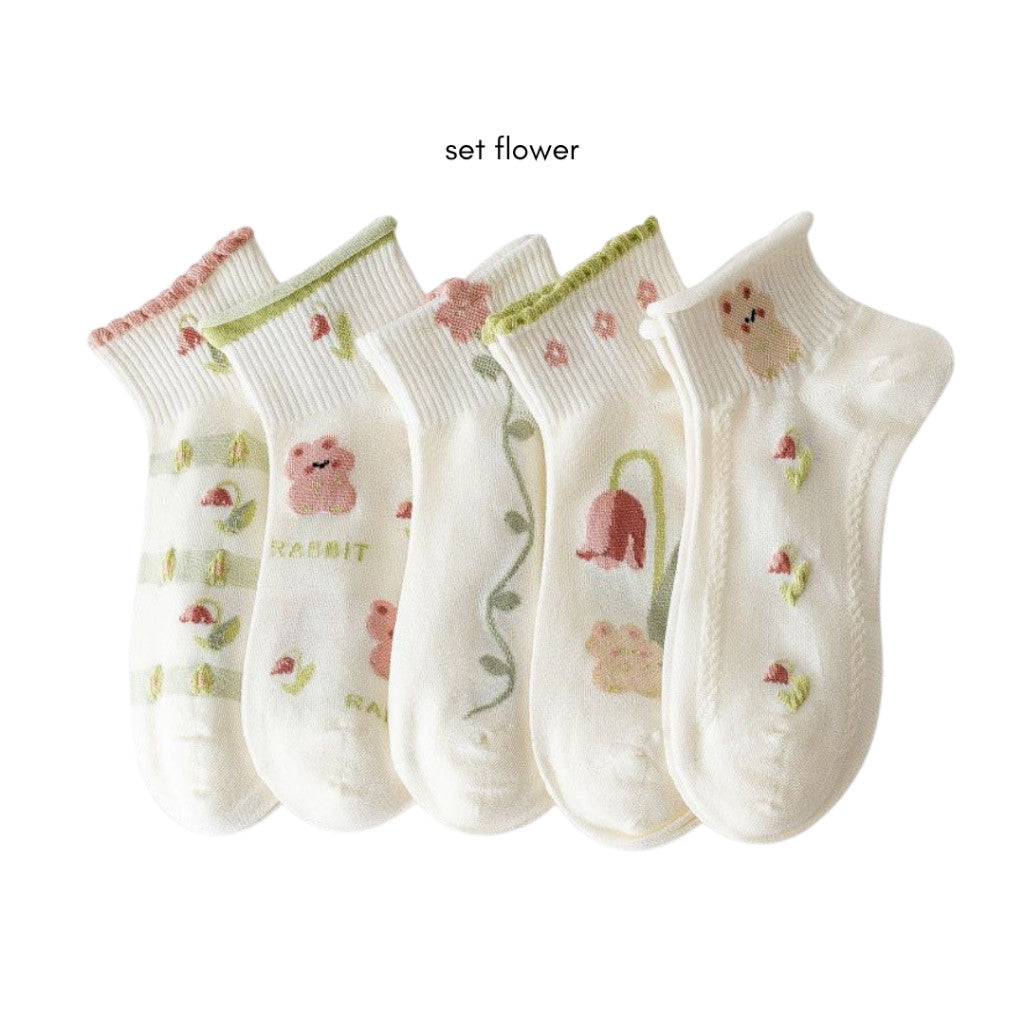 [littlecrab] Kaos Kaki Pendek Motif Flora Bunga Tulip Beruang Rabbit Short Socks Hijau Putih